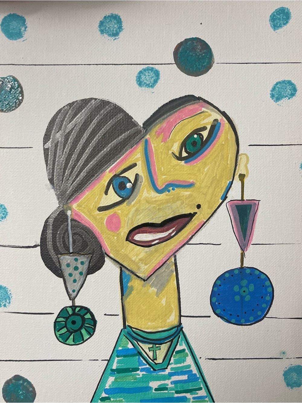 Playful Abstract Portrait Painting in Yellow and Teal
